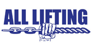 All Lifting": A logo with a blue hand gripping a chain and rope, symbolizing strength and reliability for top-tier lifting solutions in 2024.