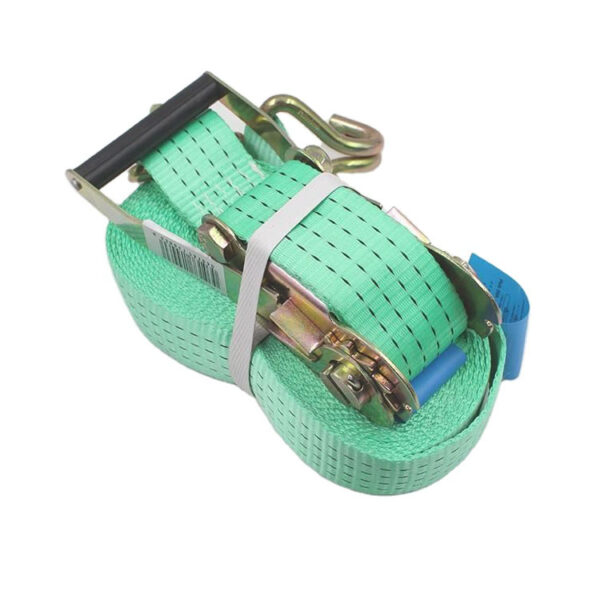 The Turquoise Polyester 5-Ton Cargo Strap with metal hooks and handle, secured by a white band, is perfect for heavy-duty tasks.