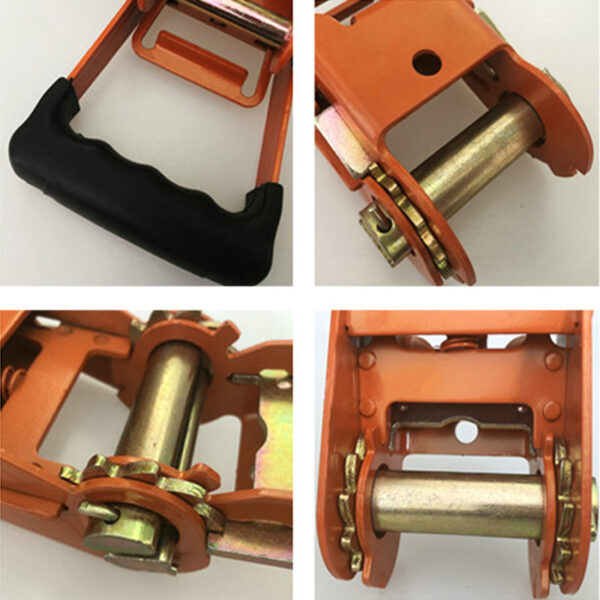 Close-up collage showing various angles of a Ratchet Strap with orange strap, black handle, and secure buckle.