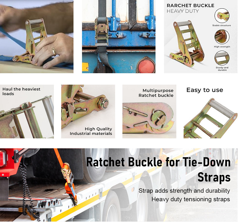 Collage showcasing the Ratchet Strap Buckle's durable design, premium materials, and ease of use for securing heavy trailer loads.