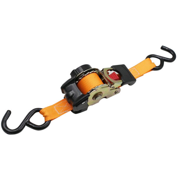 An orange RetraTrack ratchet tie-down strap with black hooks and a metal tighten mechanism.