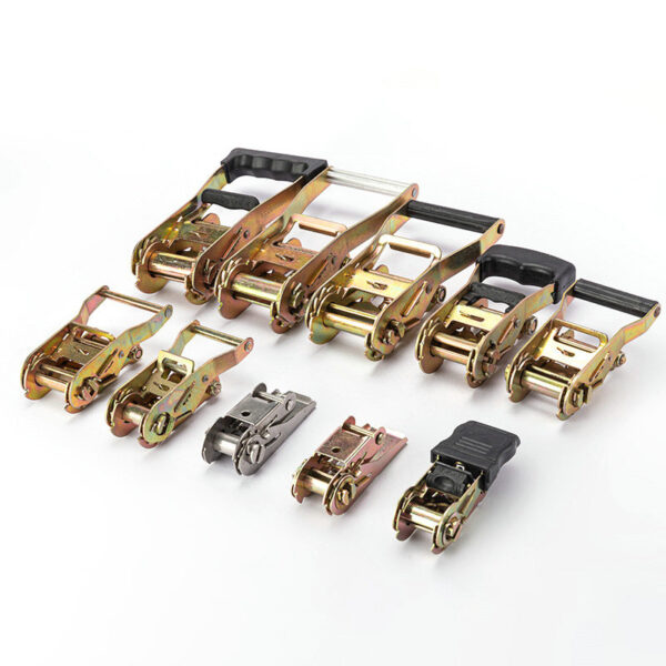 Metallic ratchet strap buckles in assorted sizes are neatly displayed on a pristine white background.