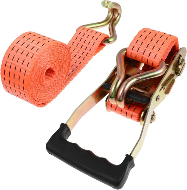 Orange Ratchet Tie Down Strap with black-handled tensioner.