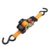 Orange retractable ratchet tie-down strap with black hooks for securing cargo or equipment.