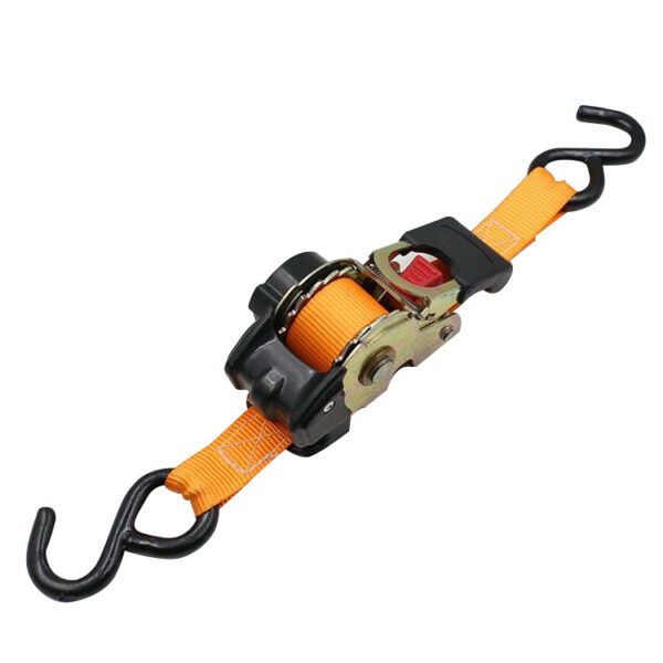 Orange retractable ratchet tie-down strap with black hooks for securing cargo or equipment.