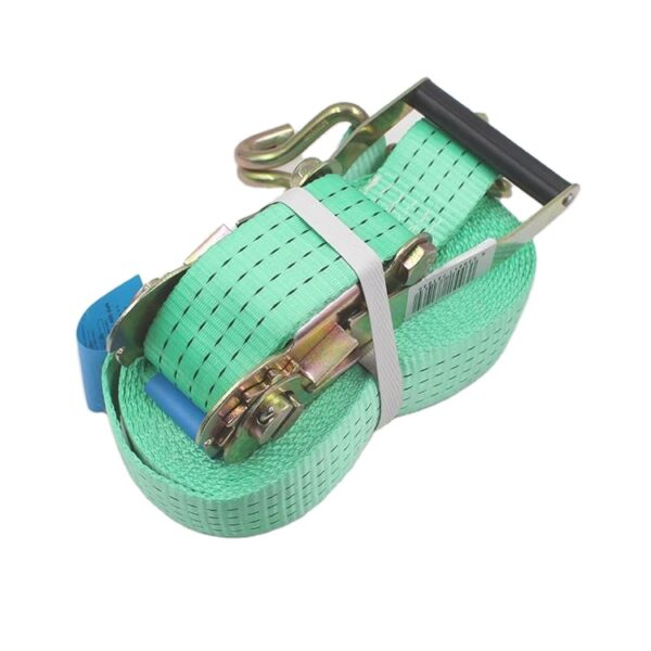 This green ratchet strap with metal hooks and white band is from our premium Polyester Heavy Duty 5-ton collection.