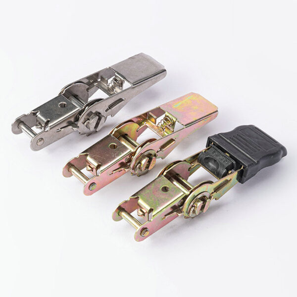 Three Ratchet Strap Buckles on white: two metallic, one with a black plastic handle, balancing utility and style.