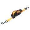 The Retractable Ratchet Tie Down Strap, with orange design and black hooks, is ideal for efficient cargo securing.