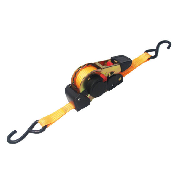 The Retractable Ratchet Tie Down Strap, with orange design and black hooks, is ideal for efficient cargo securing.