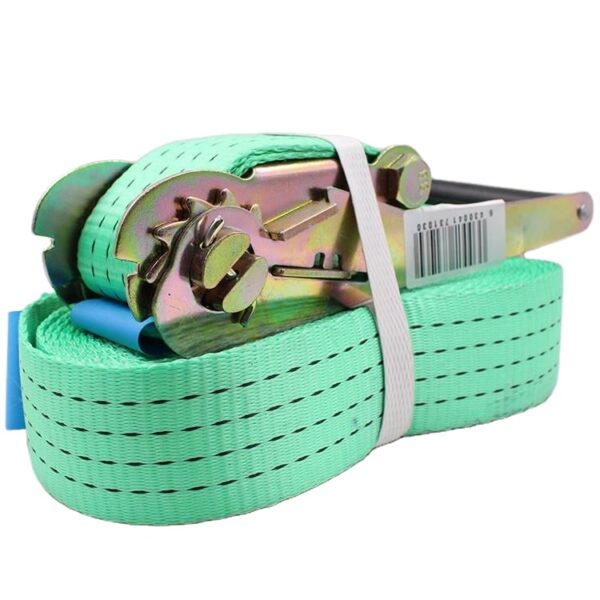 2" green polyester ratchet strap with metal buckle, coiled & banded. Ideal 5-ton cargo tie-down.