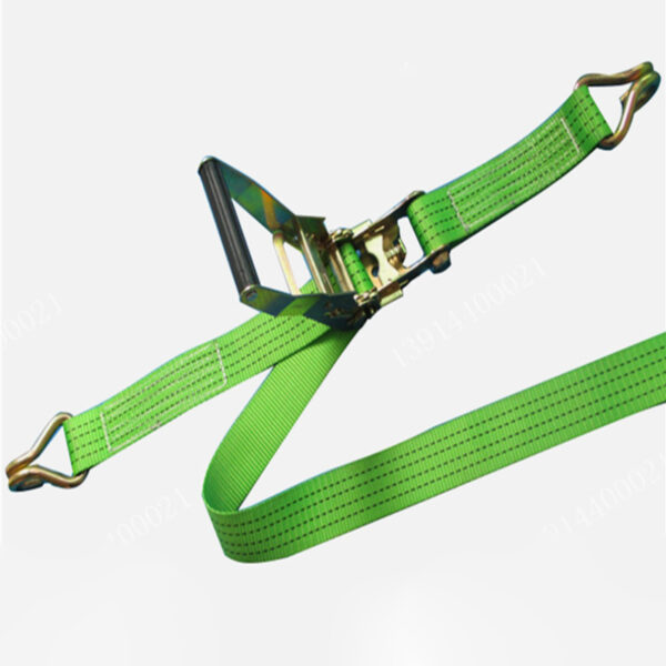 The Polyester Heavy Duty 5-ton, 2-inch green cargo strap with metal hooks is ideal for securing loads.