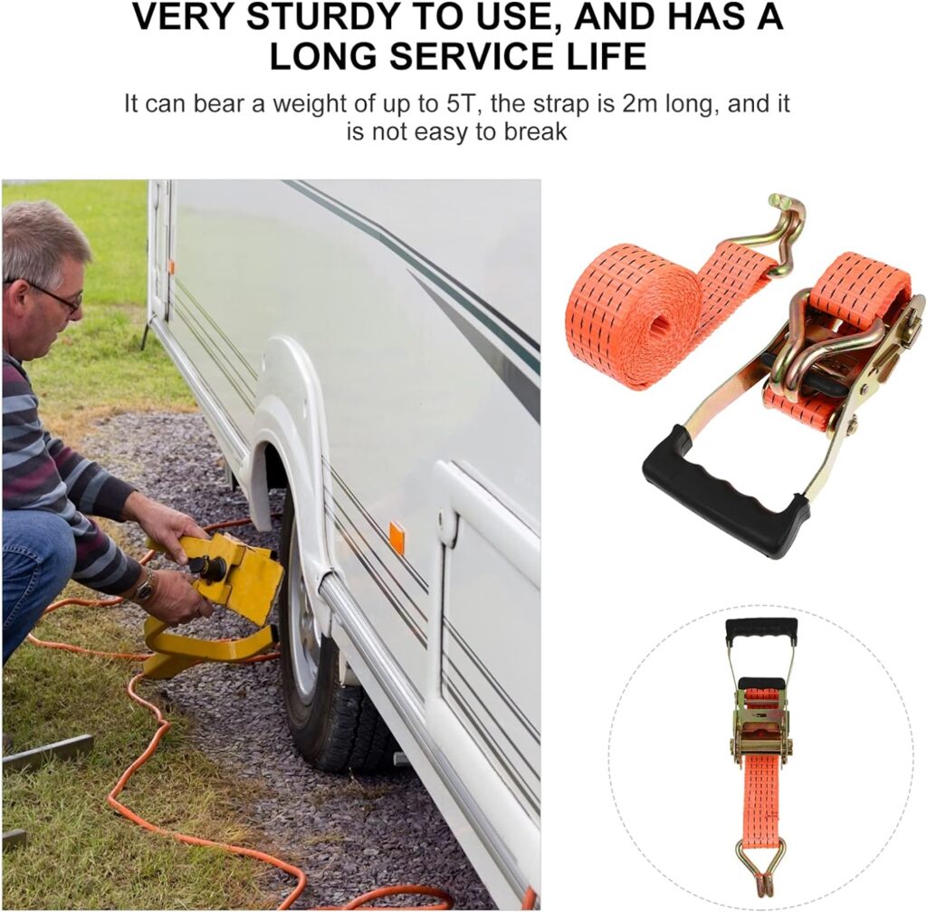 Secure a caravan wheel with an orange Single J Hook Ratchet Tie Down Strap, featuring a durable 5-ton capacity and wheel chock.