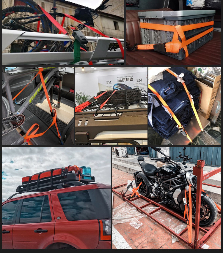 Secure bikes, storage boxes, luggage, roof racks, and motorcycles with the Tie Down Buckle Set and orange straps.