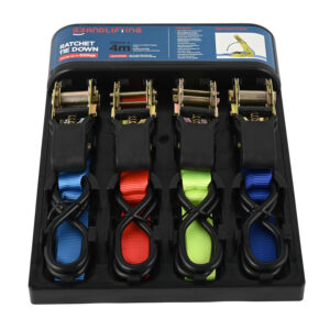 The Tie Down Buckle Set has 4 colored ratchet straps with sturdy buckles, all neatly packed in a black container with instructions.