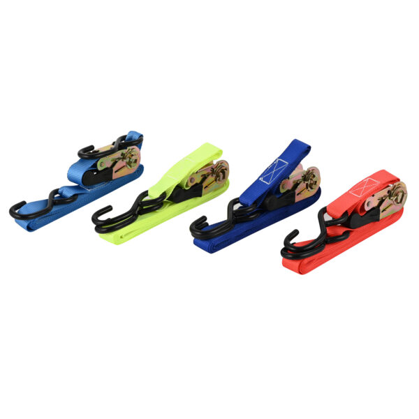 The Tie Down Buckle Set includes four colorful ratchet straps (blue, yellow, navy, red) with black hooks for a vibrant look.