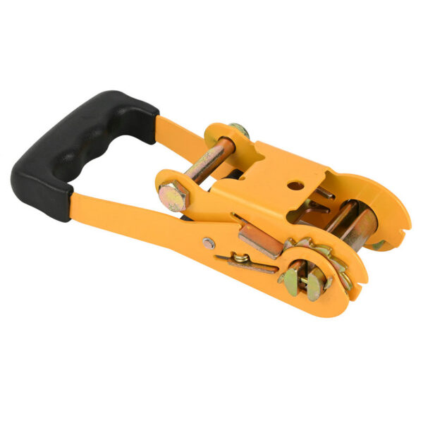 Yellow Ratchet Strap Buckle with durable black handle and secure fastener on a white background.