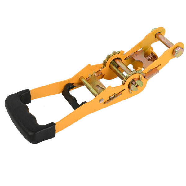 The yellow Ratchet Strap Buckle features a black handle and durable buckle, ideal for securing loads tightly.