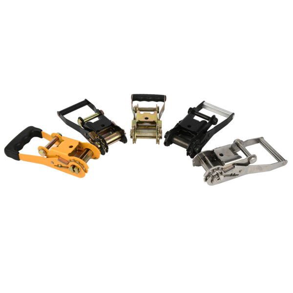 Four sturdy Ratchet Strap Buckles with handles are lined up on a white background.