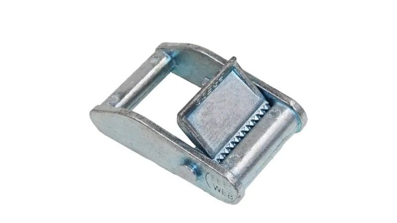 A metal cam buckle with a toothed lock, used to secure straps, is displayed on a plain white background.
