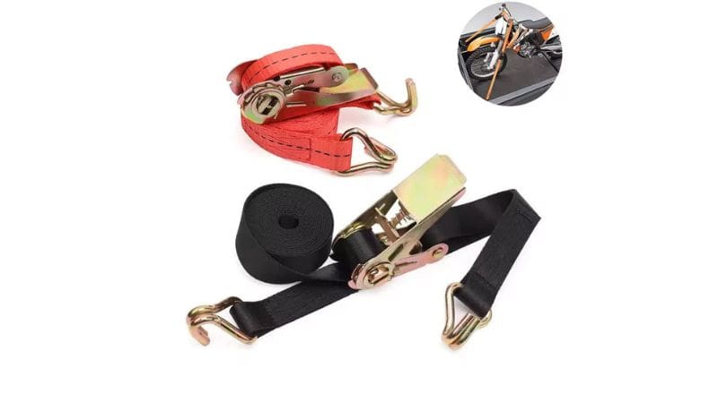Red and black ratchet tie-down straps with metal hooks; inset shows a motorcycle secured by a similar strap.