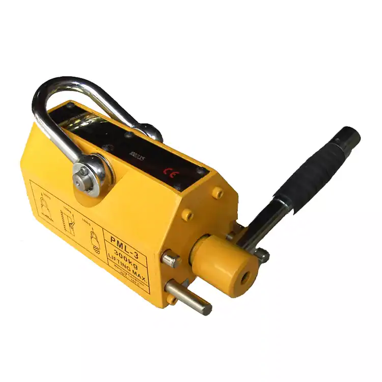 Yellow magnetic lifter with black handle and metal shackle, used for safely lifting heavy metal objects.