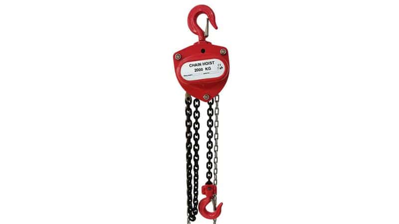 a lifting chain on a manual hoist with a hook attached at the end
