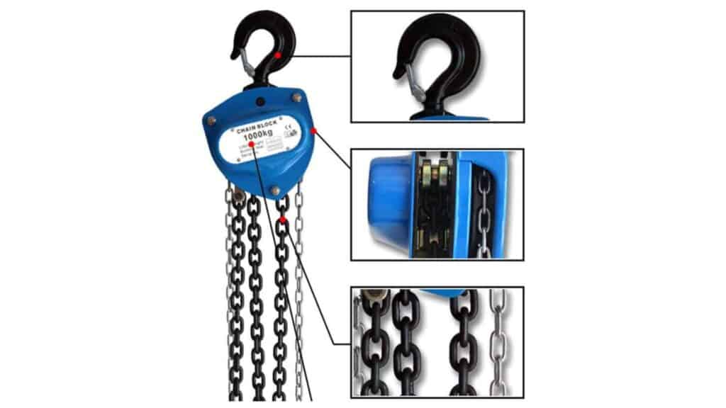 the different parts of a manual chain hoist, including a hook, gears and chains