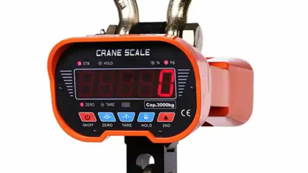 the user interface of a crane scale, showing multiple functions including tare, hold and zero