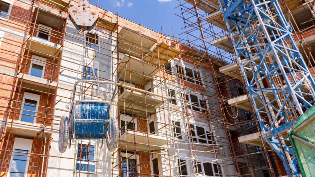 a construction site where a hoist is in use