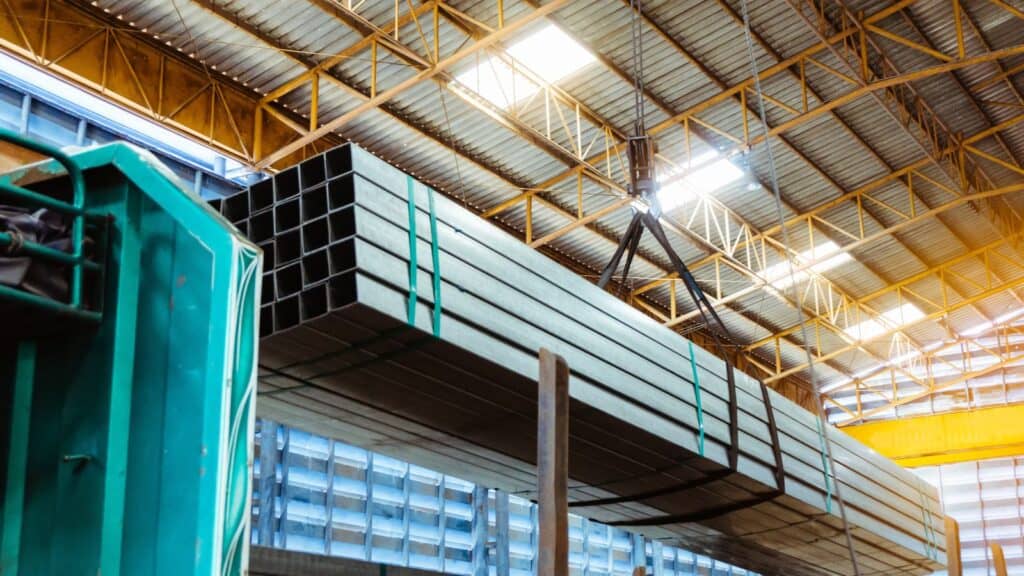a hoist used in a steel beam warehouse