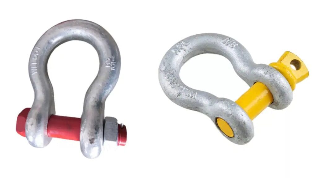 two bow shackles for connecting rigging hardware with